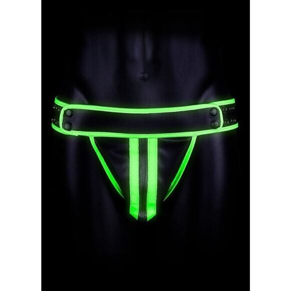 🦋B2G1🦋OUCH! Glow in the Dark NEON GREEN Bonded Leather Striped JOCK STRAP | S/M - Picture 1 of 5